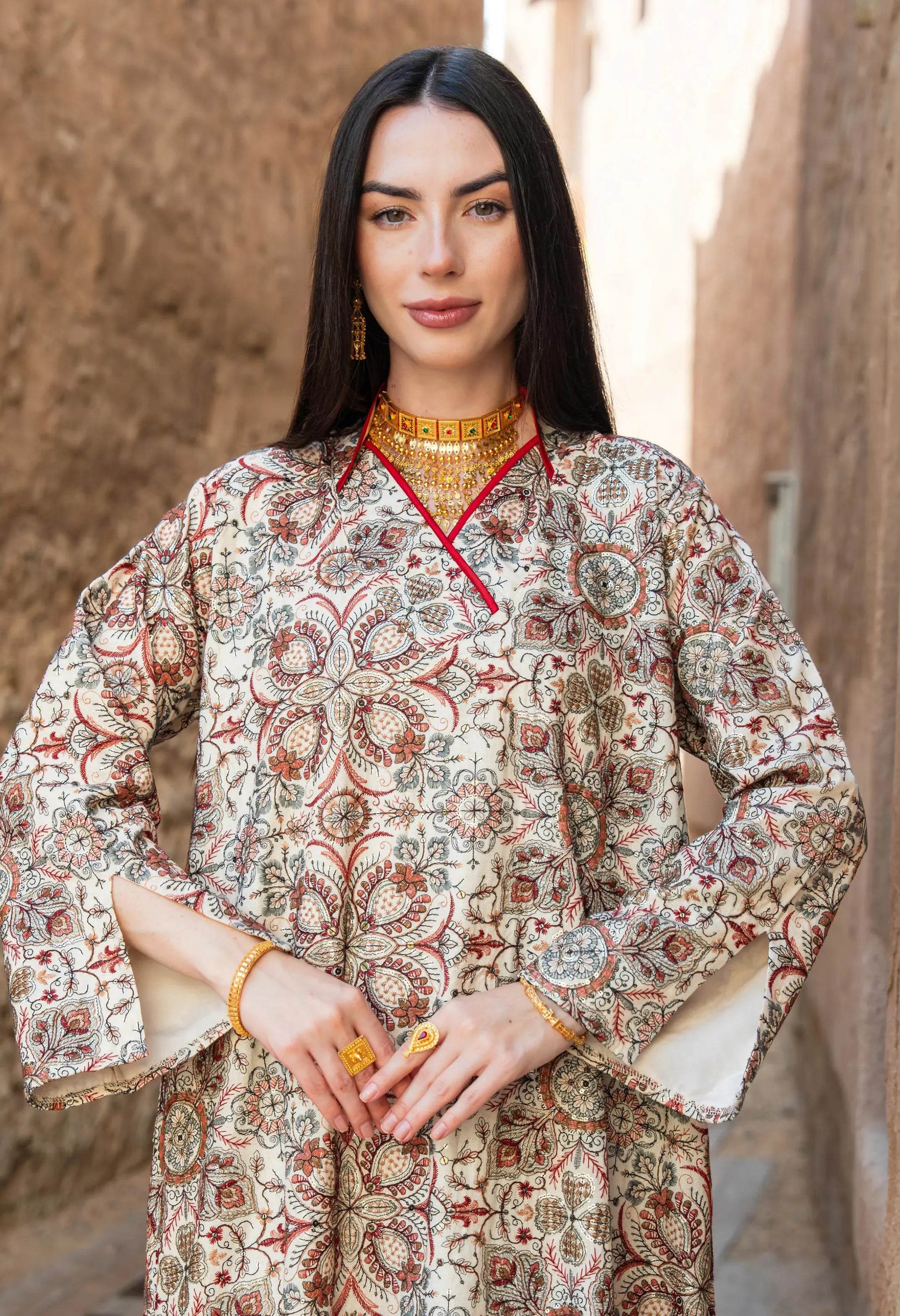 Embroider Red & Cream Dress